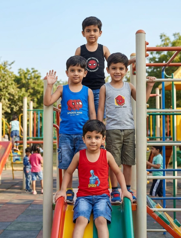Bodycare Kids 100% Cotton Sleeveless Printed Boy's Regular Fit Vest. Pack of 2 (Color & Print may Vary)